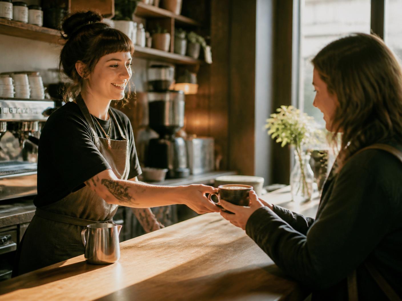 Barista handing a coffee to a smiling customer