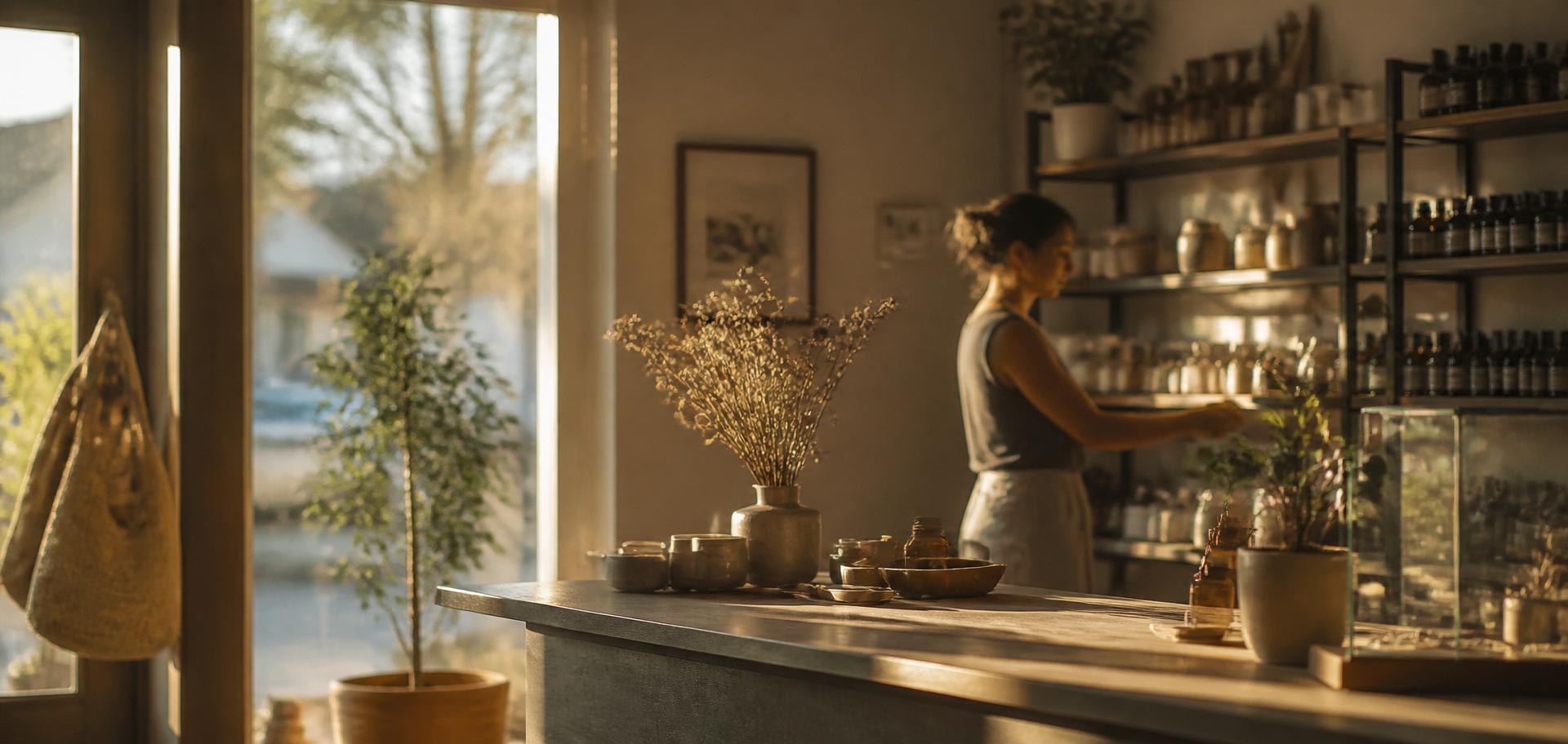 A small shop interior at golden hour